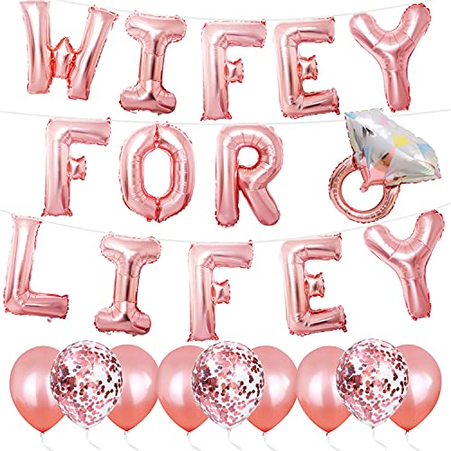 Rose Gold Bridal Shower Balloons Bachelorette Party Decorations | Wifey for Lifey Foil Letter Balloons Hanging Banner | Diamond Ring Foil Balloon | Bride Balloon Rose Gold | Engagement Party Decoration - Bride Gift