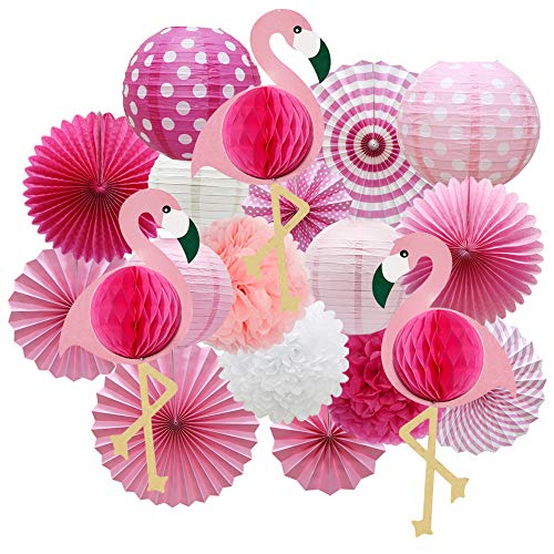 Meiduo Tropical Flamingo Party Honeycomb Decoration, Hawaiian Summer Party Supplies for Adults Kids Birthday Bridal Shower with Flamingo Paper Fans Pom Poms Flowers Paper Lanterns (Pink)