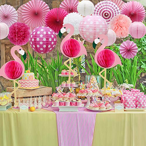 Meiduo Tropical Flamingo Party Honeycomb Decoration, Hawaiian Summer Party Supplies for Adults Kids Birthday Bridal Shower with Flamingo Paper Fans Pom Poms Flowers Paper Lanterns (Pink)