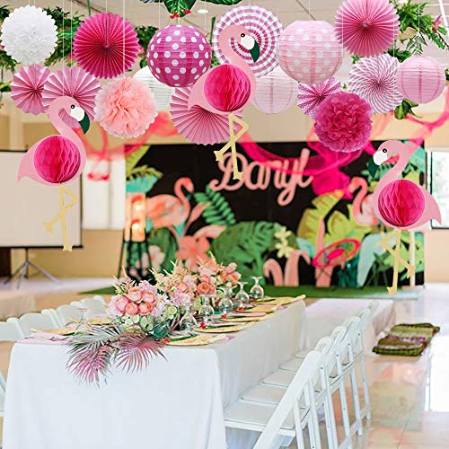 Meiduo Tropical Flamingo Party Honeycomb Decoration, Hawaiian Summer Party Supplies for Adults Kids Birthday Bridal Shower with Flamingo Paper Fans Pom Poms Flowers Paper Lanterns (Pink)