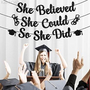 Glitter, She Believed She Could So She Did Banner - Large 10 Feet, No DIY | Graduation Banner Black Graduation Party Decorations 2023 | Graduation Garland, Class of 2023 Graduation Decorations for Her