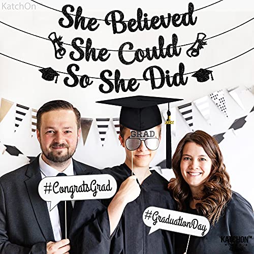 Glitter, She Believed She Could So She Did Banner - Large 10 Feet, No DIY | Graduation Banner Black Graduation Party Decorations 2023 | Graduation Garland, Class of 2023 Graduation Decorations for Her