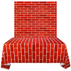 PHOGARY 3 Red Brick Tablecloth, Stone Wall Backdrop Xmas Decorations, Disposable Plastic Rectangular Table Covers, Photo Brick Decal Background for Winter Halloween Christmas Party