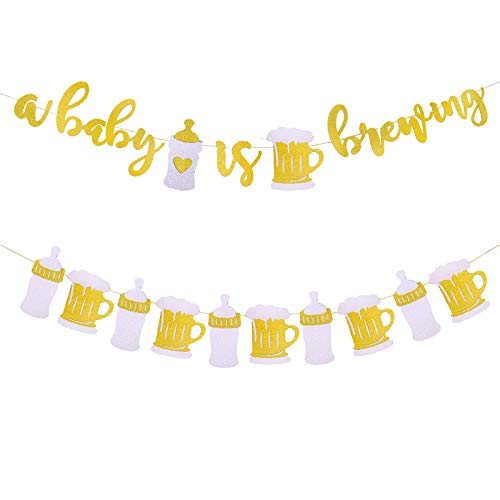 Set of 2 A Baby is Brewing Baby Shower Decorations Banner for Diaper Party Decor Gender Reveal Party Pregnancy Celebration Baby Brewing Sign with Beer Mug & Baby Bottle Design Pre-Strung