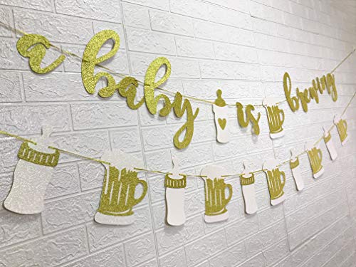 Set of 2 A Baby is Brewing Baby Shower Decorations Banner for Diaper Party Decor Gender Reveal Party Pregnancy Celebration Baby Brewing Sign with Beer Mug & Baby Bottle Design Pre-Strung