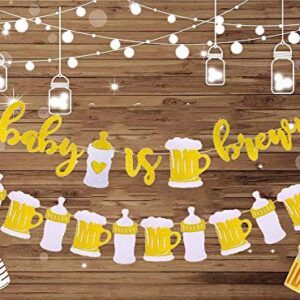 Set of 2 A Baby is Brewing Baby Shower Decorations Banner for Diaper Party Decor Gender Reveal Party Pregnancy Celebration Baby Brewing Sign with Beer Mug & Baby Bottle Design Pre-Strung