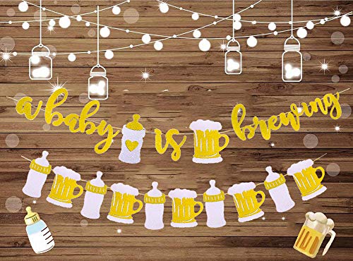 Set of 2 A Baby is Brewing Baby Shower Decorations Banner for Diaper Party Decor Gender Reveal Party Pregnancy Celebration Baby Brewing Sign with Beer Mug & Baby Bottle Design Pre-Strung