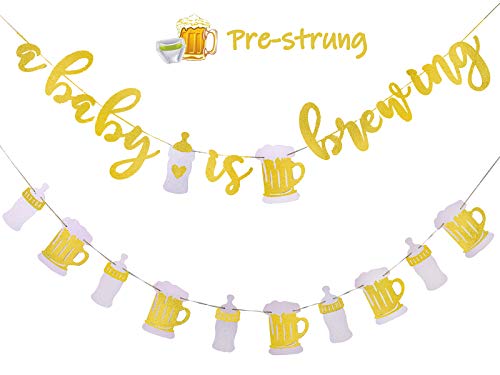 Set of 2 A Baby is Brewing Baby Shower Decorations Banner for Diaper Party Decor Gender Reveal Party Pregnancy Celebration Baby Brewing Sign with Beer Mug & Baby Bottle Design Pre-Strung