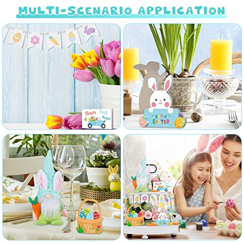 15 Pcs Easter Tiered Tray Decor Easter Bunny Easter Egg Easter Gnomes Plush Doll Table Centerpiece Wooden Signs Farmhouse Happy Spring Decoration for Indoor Home Kitchen Decor