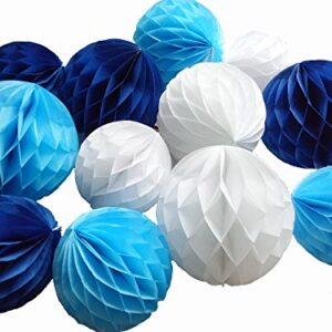 Daily Mall 12Pcs 8inch 10 inch Art DIY Tissue Paper Honeycomb Balls Party Partners Design Craft Hanging Pom-Pom Ball Party Wedding Birthday Nursery Decor (White Blue Navy Blue)