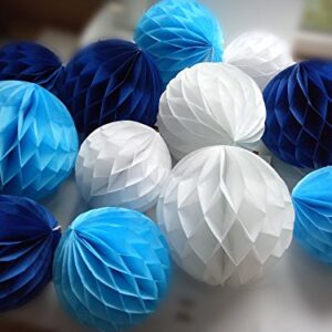 Daily Mall 12Pcs 8inch 10 inch Art DIY Tissue Paper Honeycomb Balls Party Partners Design Craft Hanging Pom-Pom Ball Party Wedding Birthday Nursery Decor (White Blue Navy Blue)