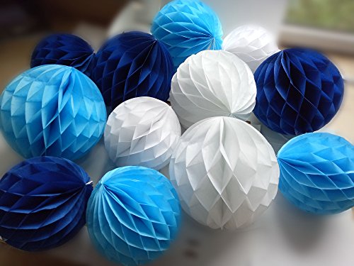 Daily Mall 12Pcs 8inch 10 inch Art DIY Tissue Paper Honeycomb Balls Party Partners Design Craft Hanging Pom-Pom Ball Party Wedding Birthday Nursery Decor (White Blue Navy Blue)