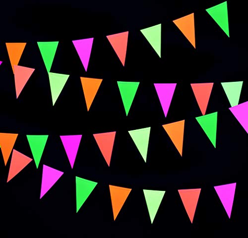 Midnight Glo 78ft Neon Paper Pennant Banner Hanging Decorations for Birthday Party Wedding Decorations Black Light Reactive UV Glow Party (6 Pack)