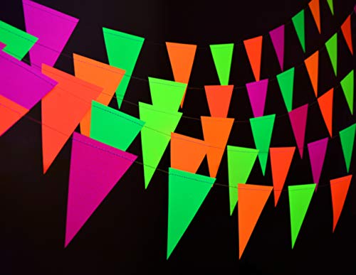 Midnight Glo 78ft Neon Paper Pennant Banner Hanging Decorations for Birthday Party Wedding Decorations Black Light Reactive UV Glow Party (6 Pack)