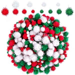 bqtq 1200 pieces christmas pom pom tinsel pom pom balls glitter fluffy pom pom for craft making and christmas decorations (4 sizes, white, green, red)