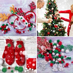 BQTQ 1200 Pieces Christmas Pom Pom Tinsel Pom Pom Balls Glitter Fluffy Pom Pom for Craft Making and Christmas Decorations (4 Sizes, White, Green, Red)