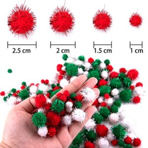 BQTQ 1200 Pieces Christmas Pom Pom Tinsel Pom Pom Balls Glitter Fluffy Pom Pom for Craft Making and Christmas Decorations (4 Sizes, White, Green, Red)