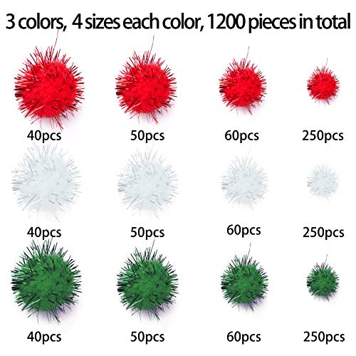 BQTQ 1200 Pieces Christmas Pom Pom Tinsel Pom Pom Balls Glitter Fluffy Pom Pom for Craft Making and Christmas Decorations (4 Sizes, White, Green, Red)