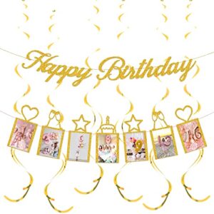 concico birthday decorations – gold happy birthday photo banner and hanging swirls of birthday party decor(gold)