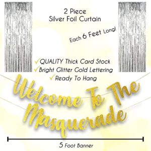 Masquerade Party Decorations Kit | "Welcome To The Masquerade!" Banner | 12 Masquerade Party Photo Booth Props | 2x Silver Foil Fringe | Gold Confetti Balloons | Silver & Black Balloons