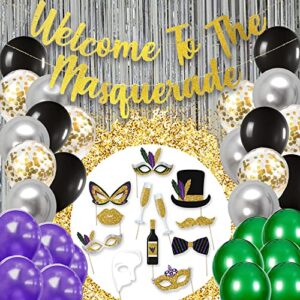 Masquerade Party Decorations Kit | "Welcome To The Masquerade!" Banner | 12 Masquerade Party Photo Booth Props | 2x Silver Foil Fringe | Gold Confetti Balloons | Silver & Black Balloons
