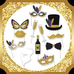 Masquerade Party Decorations Kit | "Welcome To The Masquerade!" Banner | 12 Masquerade Party Photo Booth Props | 2x Silver Foil Fringe | Gold Confetti Balloons | Silver & Black Balloons