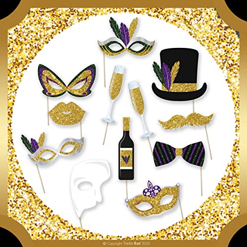 Masquerade Party Decorations Kit | "Welcome To The Masquerade!" Banner | 12 Masquerade Party Photo Booth Props | 2x Silver Foil Fringe | Gold Confetti Balloons | Silver & Black Balloons