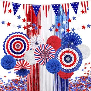 movinpe 4th of july patriotic party decorations set, american flag hanging paper fans, pompoms flowers, foil fringe curtain, star streamers, usa pennant bunting independence day party supplies