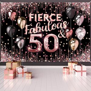 happy 50th birthday backdrop banner fierce fabulous and 50 decorations for women 50 years old bday background rose gold pink photography party decor sign supplies