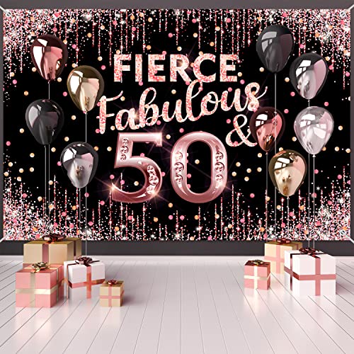 Happy 50th Birthday Backdrop Banner Fierce Fabulous and 50 Decorations for Women 50 Years Old Bday Background Rose Gold Pink Photography Party Decor Sign Supplies