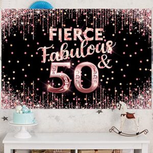 Happy 50th Birthday Backdrop Banner Fierce Fabulous and 50 Decorations for Women 50 Years Old Bday Background Rose Gold Pink Photography Party Decor Sign Supplies