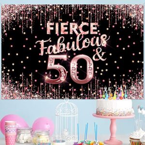 Happy 50th Birthday Backdrop Banner Fierce Fabulous and 50 Decorations for Women 50 Years Old Bday Background Rose Gold Pink Photography Party Decor Sign Supplies