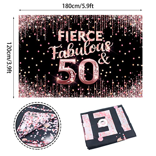Happy 50th Birthday Backdrop Banner Fierce Fabulous and 50 Decorations for Women 50 Years Old Bday Background Rose Gold Pink Photography Party Decor Sign Supplies