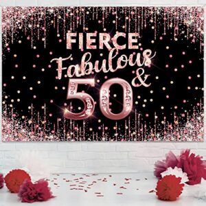 Happy 50th Birthday Backdrop Banner Fierce Fabulous and 50 Decorations for Women 50 Years Old Bday Background Rose Gold Pink Photography Party Decor Sign Supplies