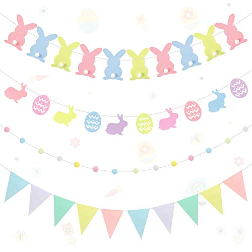 4 Sets Easter Bunny Banner, Rabbit and Easter Eggs Bunting Banner, 10 Non-woven Pennant Flags, Easter Felt Ball Garlands, Easter Pom Pom Garland Hanging Decoration for Indoor Outdoor Garden