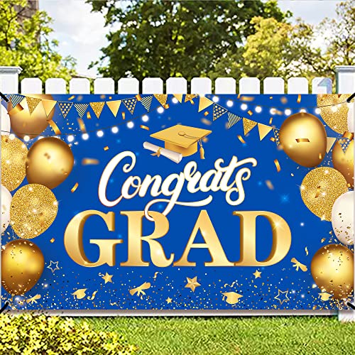 XtraLarge, Congrats Grad Banner - 72x44 Inch, Blue and Gold Graduation Decorations 2023 | Graduation Banner for Class of 2023 Decorations | Graduation Backdrop, Blue Graduation Party Decorations 2023