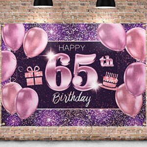 pakboom happy 65th birthday banner backdrop – 65 birthday party decorations supplies for women – pink purple gold 4 x 6ft