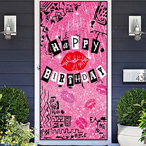 Hot Rose Pink Lip Happy Birthday Banner Backdrop Background Burn Book Theme Decor for Bridal Shower Wedding Night Out Hen Movie Party Bachelorette Party Girls Woman Birthday Party Favors Decorations