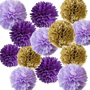 graduation decorations 2022 12pcs tissue paper flowers purple gold birthday decorations women purple gold bridal shower decorations glitter gold purple wedding decor bridal shower decorations