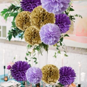 Graduation Decorations 2022 12pcs Tissue Paper Flowers Purple Gold Birthday Decorations Women Purple Gold Bridal Shower Decorations Glitter Gold Purple Wedding Decor Bridal Shower Decorations