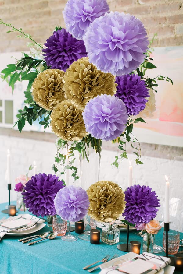 Graduation Decorations 2022 12pcs Tissue Paper Flowers Purple Gold Birthday Decorations Women Purple Gold Bridal Shower Decorations Glitter Gold Purple Wedding Decor Bridal Shower Decorations