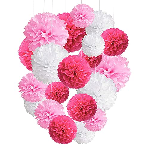 Pink Paper Pom Poms - 10",12" Tissue Pom Poms Decorations for Bachelorette Baby Shower Girl Party Hanging Decor - 12 Piece Set