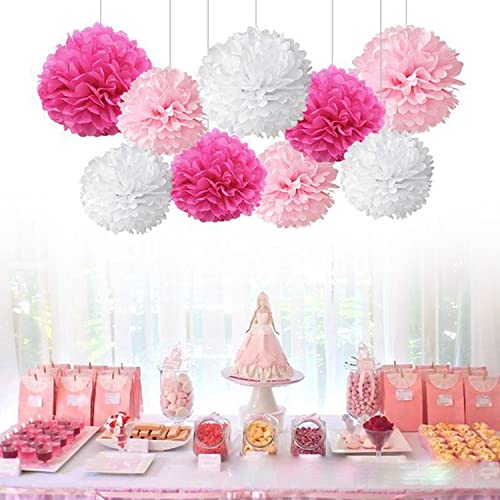 Pink Paper Pom Poms - 10",12" Tissue Pom Poms Decorations for Bachelorette Baby Shower Girl Party Hanging Decor - 12 Piece Set