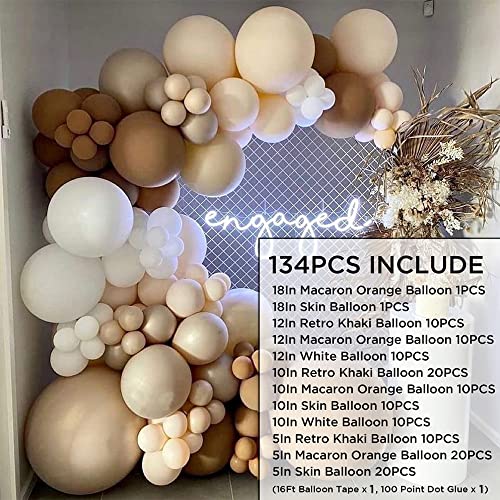 Retro Khaki Balloon Arch Kit 134PCS Balloons 18In 12In 10In 5In Retro Khaki Skin Macaron Orange White Balloon Garland Kit For Festival Picnic Family Engagement,Wedding, Birthday Party,baby shower,Retro Theme Anniversary Celebration