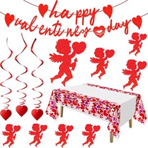 30 Pieces Valentines Day Party Decorations Kit Red Glittery Happy Valentine's Day Banner Multicolor Hearts Tablecloth Heart Foil Hanging Swirl and Cupid Cutouts Ceiling Decoration for Valentine's Day