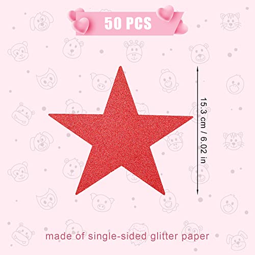 50pcs Glitter Star Cutouts, 6inch Twinkle Star Glitter Paper Confetti Star Shape Paper Cut Outs for Bulletin Board Classroom Wall Party Supplies (Red)