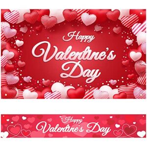 Valentines Day Banner Decor, Happy Valentine's Day Backdrops Banner Decoration, Large Yard Fence Banner & Backdrops Photography for Home, Hanging Red Heart Valentines Day Party Romantic Decor Favor