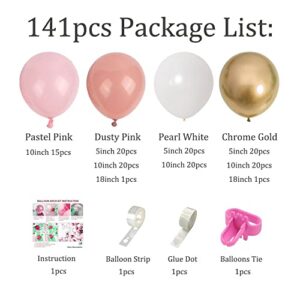 LyzzGlobo Dusty Pink Balloon Garland Kit, Pearl White Chrome Gold Light Pink Dusty Rose Balloons Arch Kit for Wedding Bridal Baby Shower Birthday Decorations