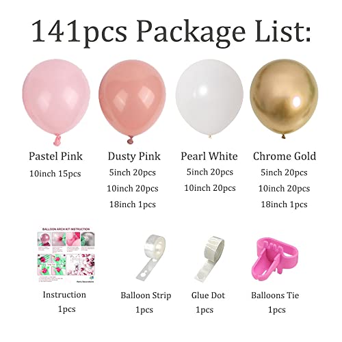 LyzzGlobo Dusty Pink Balloon Garland Kit, Pearl White Chrome Gold Light Pink Dusty Rose Balloons Arch Kit for Wedding Bridal Baby Shower Birthday Decorations