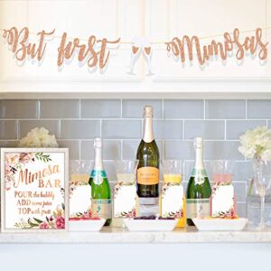 MORDUN Mimosa Bar Supplies - Rose Gold Sign Banner Tags Kit- Bridal Shower Decorations - Decor for Baby Shower Champagne Brunch Bubbly Bar Wedding Engagement Birthday Party Graduation Fiesta